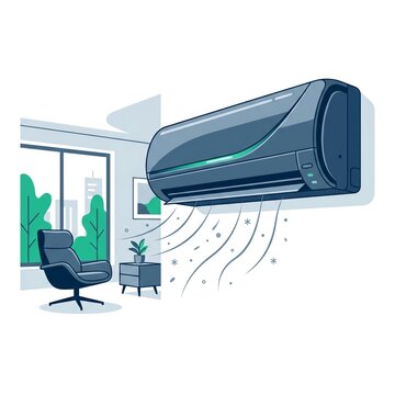 Professional vector illustration of a sleek dark blue air conditioning unit in a modern living room setting, depicting cool airflow and climate control comfort for HVAC and home appliance marketing.