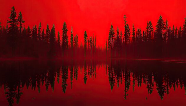 Crimson forest silhouette reflected in still water
