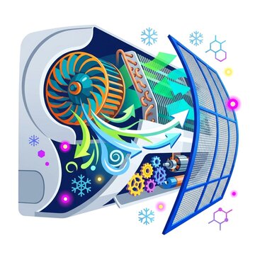 A detailed stylized vector illustration showing the internal components of a modern air conditioning unit including the fan, filter, and cooling coils for HVAC maintenance and air quality services.