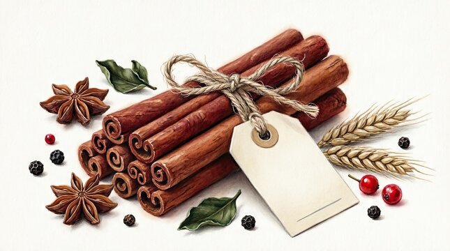Bundle of cinnamon sticks with tag surrounded by spices and herbs
