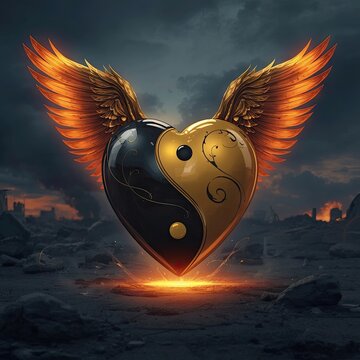Winged yin-yang heart in apocalyptic landscape
