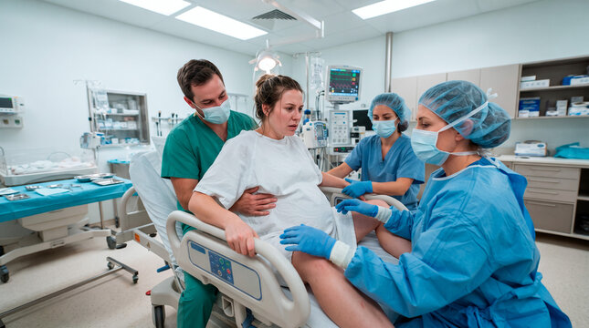 Pregnant woman in labor assisted by medical team in hospital delivery room