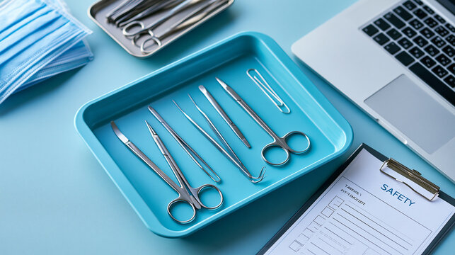 Medical tray with neatly arranged clinical instruments and safety checklist, patient safety, sterile equipment, hospital procedures, surgical hygiene, clinical quality control,