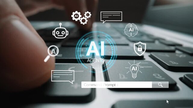 Close-up of Hand Typing on Keyboard with AI Icons and Innovative Technology Symbols for Stock Photography Usage. Entropy.