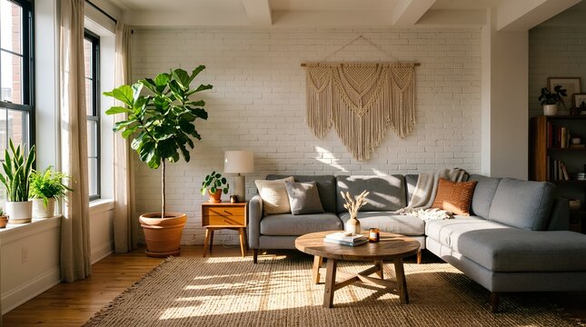 Modern boho living room interior with gray fabric sectional sofa, white painted brick wall, woven macrame wall hanging, fiddle leaf fig plant, and round wooden coffee table on natural jute rug