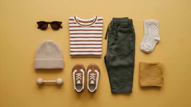 Flat lay of stylish children's clothing on yellow background featuring striped shirt, olive pants, sneakers, sunglasses, beanie, socks, scarf, and wooden toy rattle