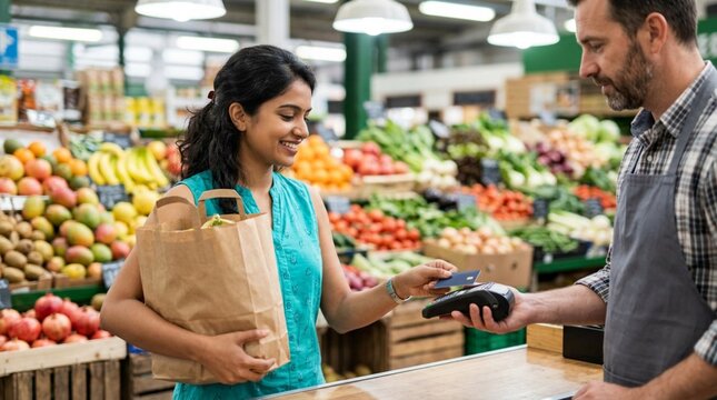 Smiling young woman holding brown paper grocery bags paying at supermarket checkout with card reader held by male cashier, fresh produce and colorful fruits displayed in background