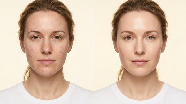 Before and After Skincare: Woman's Face with Acne and Clear Skin Transformation