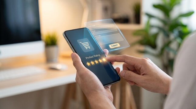 Person giving five star product rating on smartphone