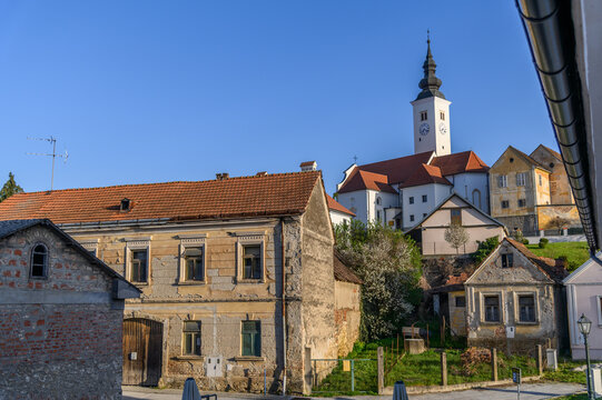 Varazdinske Toplice with the parish church tower above old weathered houses, northern Croatia