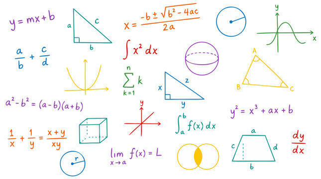 Floating Handwritten Math Equations Fractions Integral Signs and Geometric Diagrams Colorful Educational Vector Illustration on White Background - professional high detailed commercial stock imagery