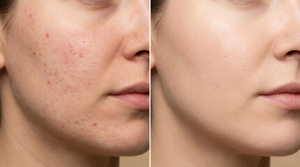 Obraz premium Split image: Before and after skincare treatment for acne and blemishes on woman's face.