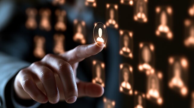 Businessman touching holographic profile grid to select a candidate profile interface with candidate selection human resources talent search interactive technology