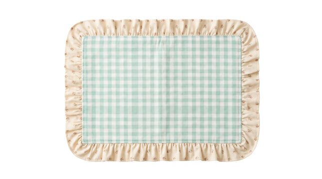 Rectangular green gingham fabric placemat featuring a delicate vintage floral frill border detail crafted for dining decor on transparent background