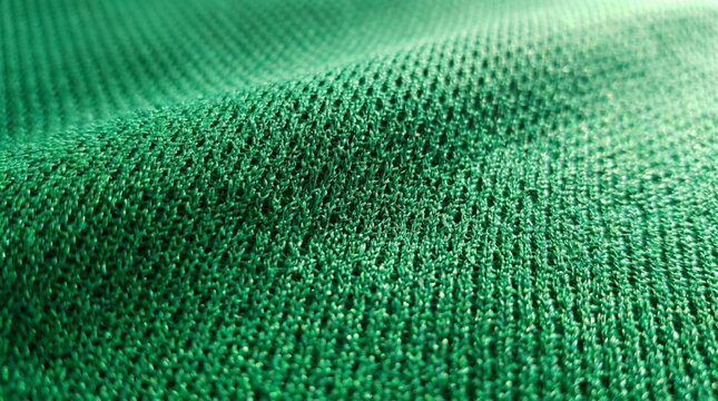 Close-up macro texture of green synthetic athletic mesh fabric with fine knit weave, soft raking light highlighting detailed perforations and textile fiber pattern for sportswear design