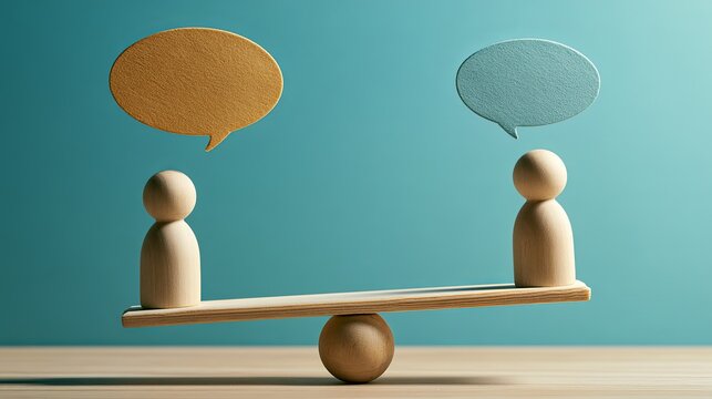 Two wooden peg figures balancing on a seesaw with speech bubbles above their heads representing communication and negotiation concept negotiation dialogue discussion