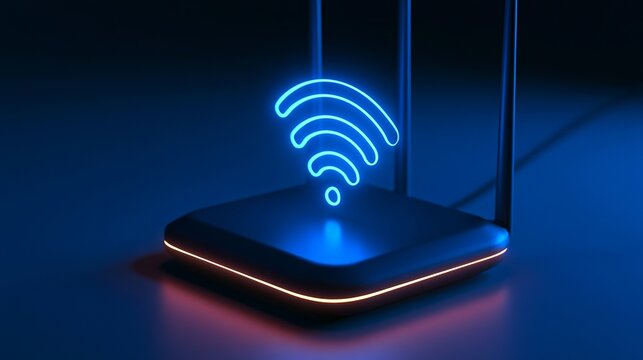 Modern wireless router with glowing blue wifi signal icon on dark blue background symbolizing fast internet connectivity and networking blue light networking internet
