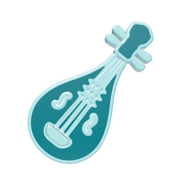 3D icon of a traditional pipa lute musical instrument in teal and light blue tones with a glossy plastic texture isolated on a transparent background