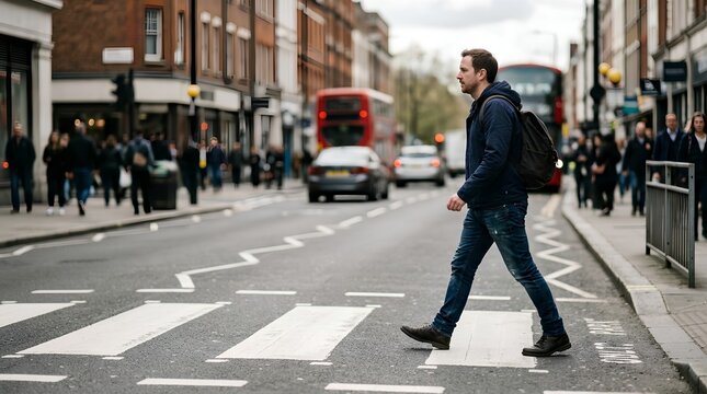 Side view of a man in a navy jacket and jeans stepping onto a zebra crossing on a city street, with red double-decker bus and pedestrians in blurred urban background, shallow depth