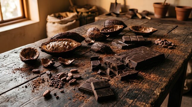 Assortment of dark chocolate bars and broken cocoa pods scattered on a weathered rustic wooden table, warm golden sunlight from a nearby window, cozy kitchen setting, raw cacao beans, bakery and