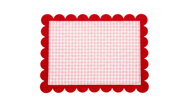 Rectangular light pink checkered place mat with vibrant red scalloped felt borders showcasing high contrast details on transparent background