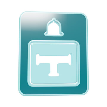 Teal rectangular sign with a bell icon and a t-shaped cutout symbol isolated on a transparent background