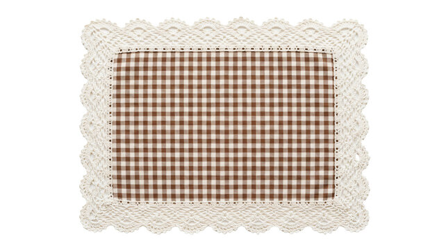 Brown gingham cloth featuring intricate vintage lace border trim design for rustic kitchen decor settings captured on transparent background