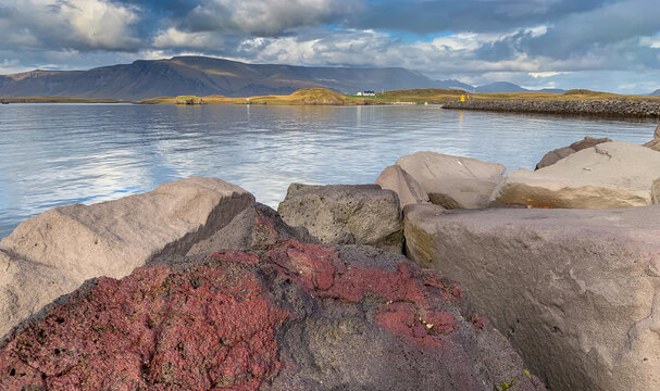 View of volcanic rocks along the coastline with the Eyjafjallajokull mountain range in the background in Eyjafjallajokull, Rangarthing eystra, Iceland.