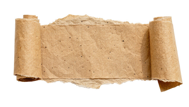 Unrolled torn brown paper scroll with small dark speckles, isolated on transparent background