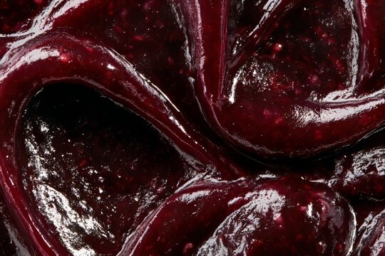 Close view of berry jam spread on a surface showing the texture and richness of the fruit
