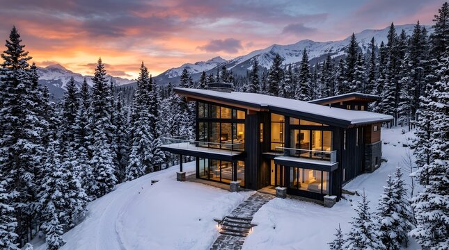 Modern Winter Cabin at Golden Sunset