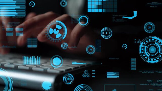 This image showcases a futuristic user interface featuring various data visualizations overlaying a computer keyboard, representing modern technology interaction. Xenic