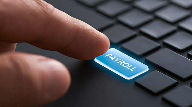 A close up view of a human finger pressing a bright blue glowing enter key on a modern black keyboard with text label payroll printed on it