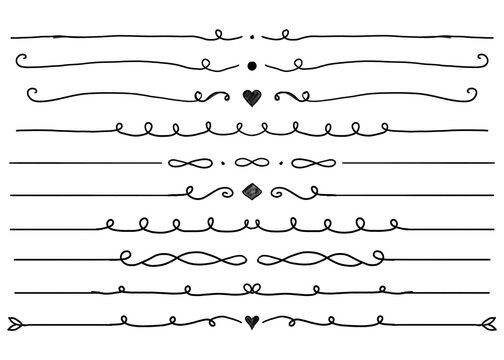 Hand drawn decorative divider lines and border swirls isolated on transparent background