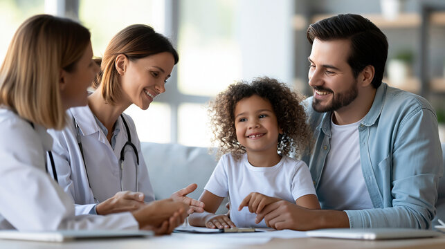 Family doctor consulting parents and child in a welcoming medical office, primary healthcare, family medicine, preventive care, patient safety, pediatric consultation, healthcare