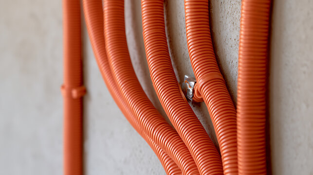 Orange corrugated plastic electrical conduit pipes mounted on concrete wall during house construction renovation project work site development