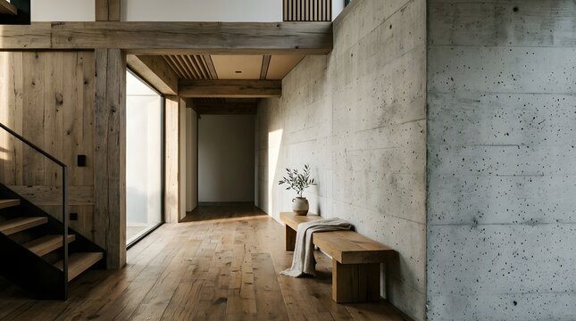 Modern minimalist interior design with raw concrete wall and wooden elements