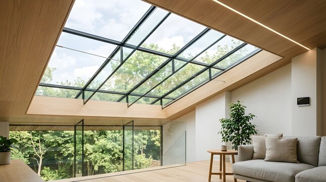 Minimalist modern living room with large skylight