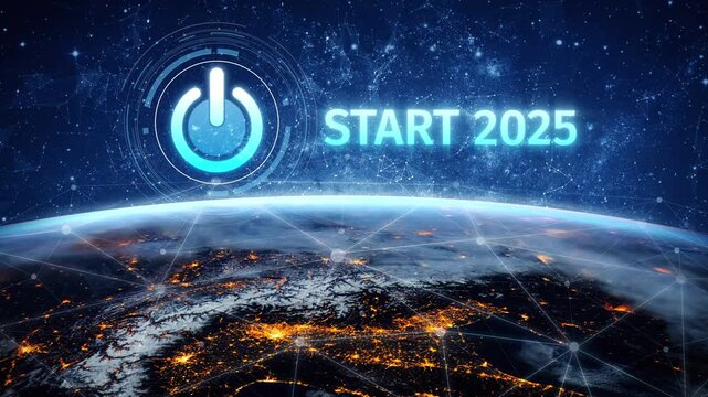Start 2025 concept with futuristic power button symbolizing fresh beginnings, innovation, and digital transformation. Start 2025, new goals, and start 2025 initiative. Muxer