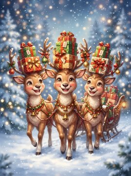 Three reindeer pulling a sleigh stacked with colorful christmas gifts and decorations