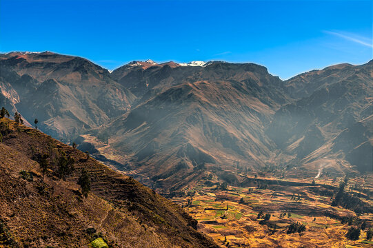 A view across the valley of the Colca Canyon in the Andes of Peru in the morning
