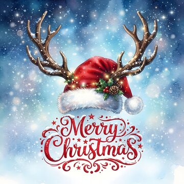 Watercolor painting of santa hat with reindeer antlers and merry christmas calligraphy