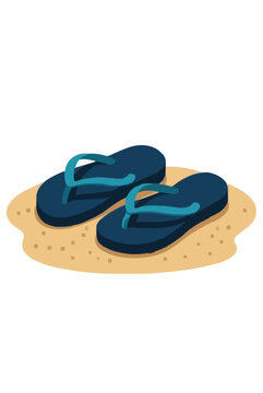 Hand-drawn vector illustration of navy blue rubber flip flop sandals resting on a sandy beach patch, perfect flat icon for summer travel and tropical vacation themes