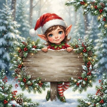 Charming christmas elf peeking from winter foliage holding a blank wooden sign for festive messaging