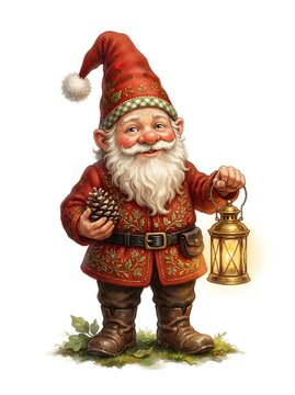 Charming christmas gnome holding lantern and pinecone illustration with detailed clothing