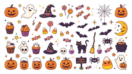 Obraz premium Halloween stickers featuring pumpkins ghosts bats and assorted sweets in vector style
