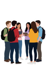 Obraz premium Vector illustration of a diverse group of students chatting before class begins, wearing casual clothing and carrying backpacks while engaged in friendly conversation