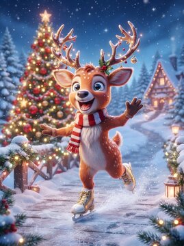 Cheerful reindeer character ice skating in a winter wonderland with a decorated christmas tree