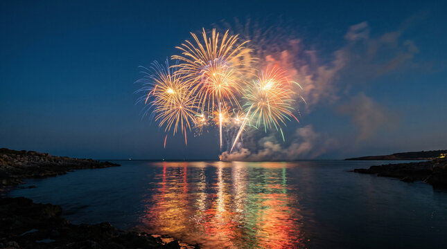 festive fireworks exploding above calm ocean water at night with coastal rocks