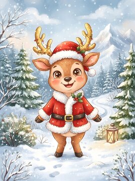 Cute reindeer wearing a santa hat and red suit in a winter wonderland illustration